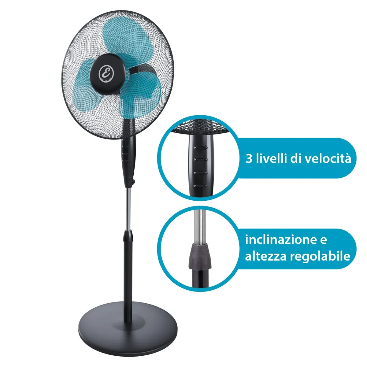 Bricozone Ventilatore a Piantana per Pavimento Potente da 50W con Pale da 40 cm Silenzioso Colore Nero e Azzurro 3 Velocità Oscillante Altezza e Inclinazione Regolabili Griglia di Protezione