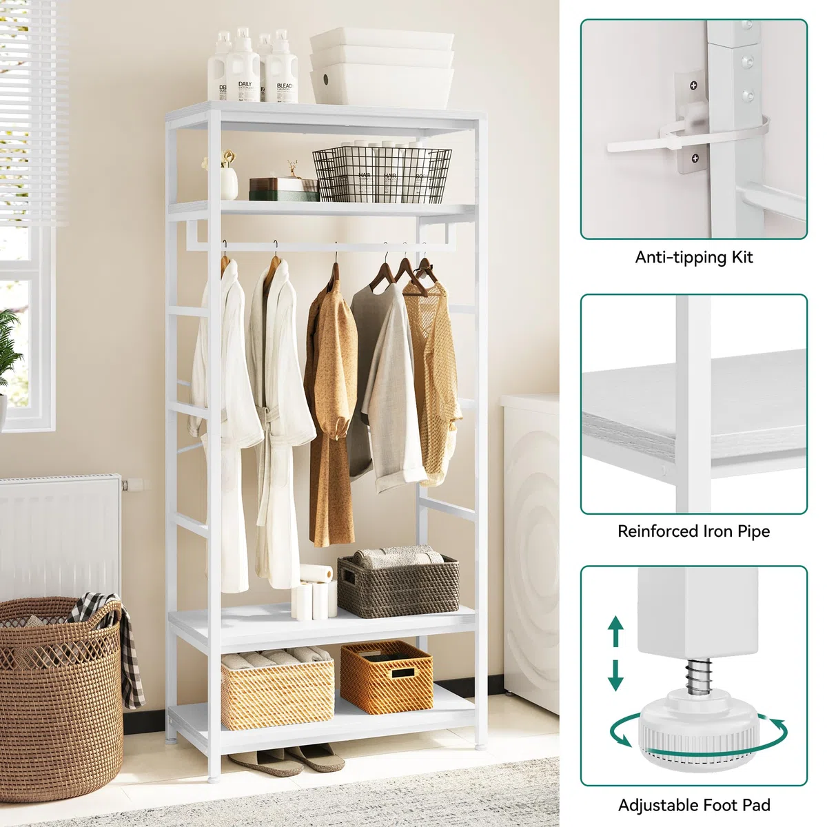 YITAHOME Appendiabiti con Portascarpe, Attaccapanni da Pavimento con 4 Ripiani, Porta Abiti Industriale, Scaffale per Abbigliamento, per Ingresso Corridoio Soggiorno, Bianco