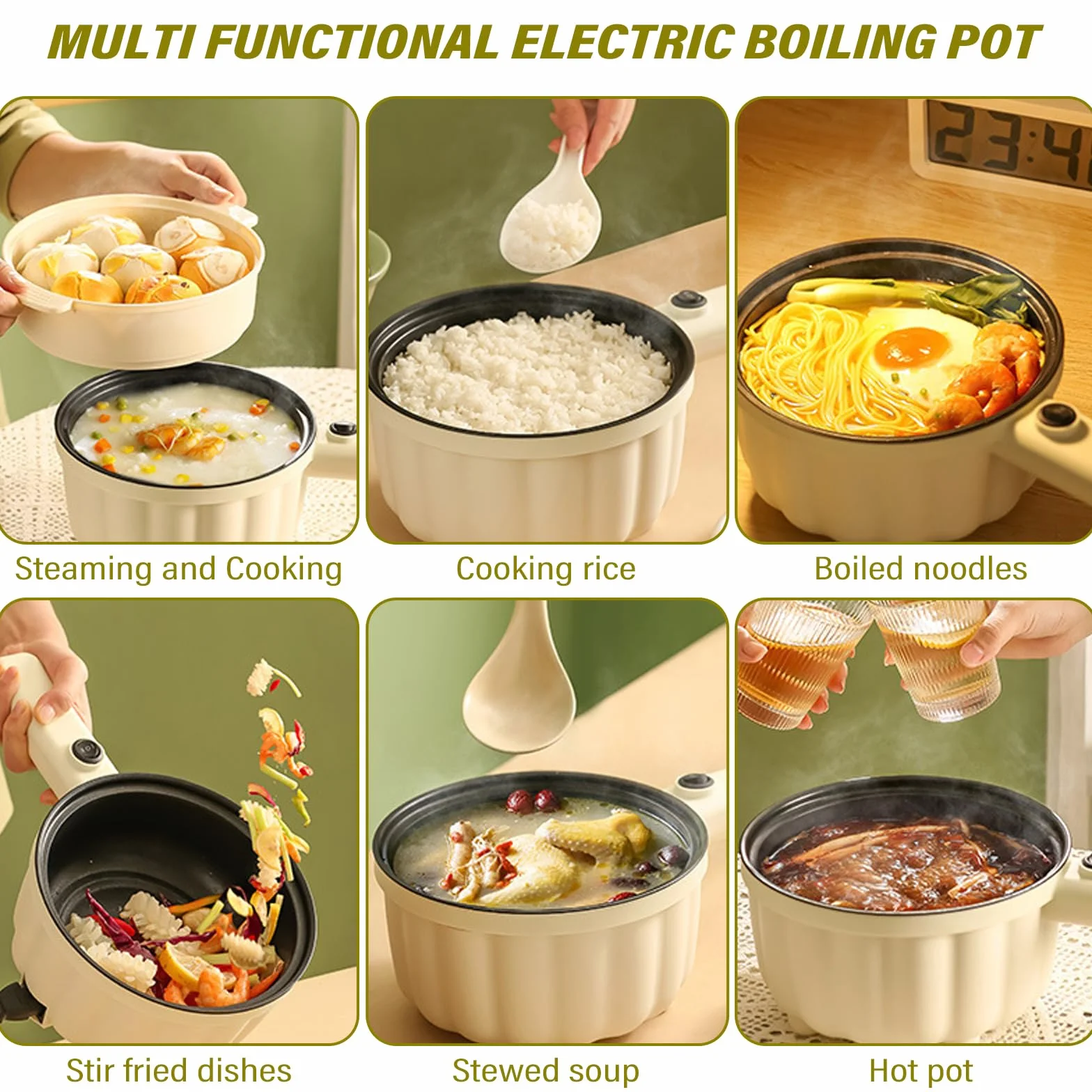 Hot Pot - Pentola elettrica da 2 l, con piroscafo, mini pentola elettrica antiaderente, mini pentola elettrica antiaderente, per casa, ufficio, dormitorio