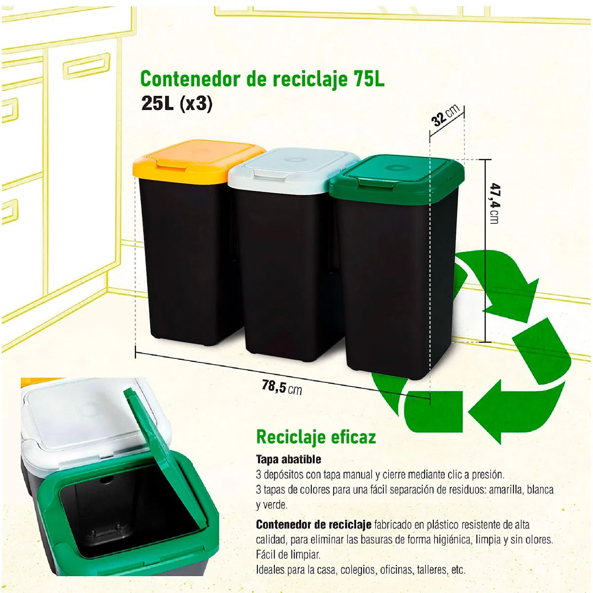 Tontarelli Inde Set 3 bidoni per il riciclaggio da 75 litri in totale realizzati in plastica 79 x 33 x 48 cm, nero, 77 x 32 x 47,5
