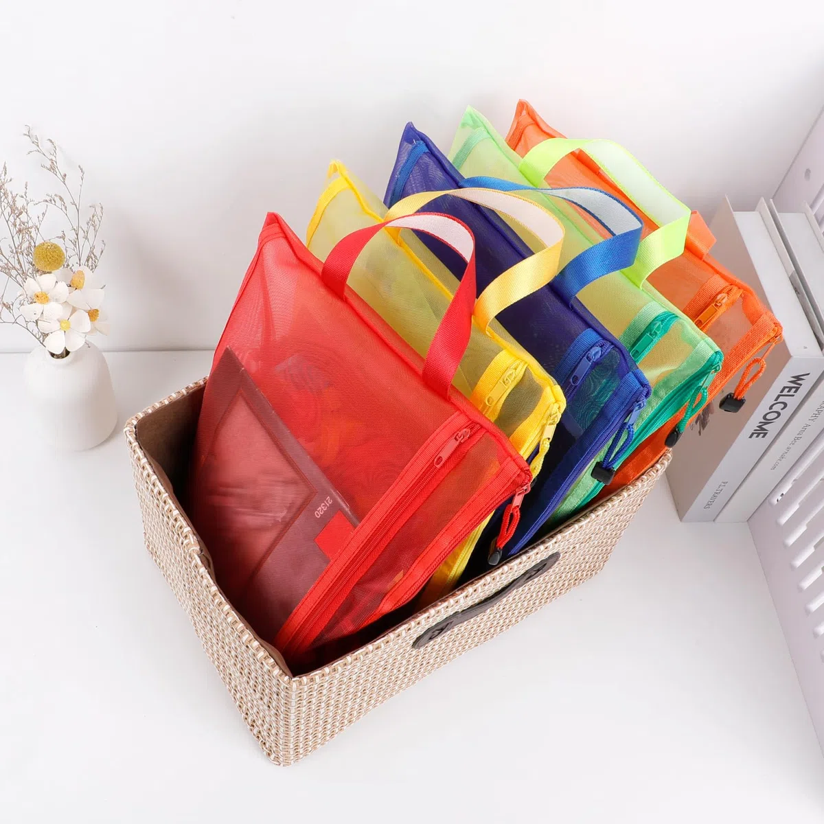 Sacchetti a rete con cerniera in 5 colori, 10 pezzi, formato A4, a doppio strato, in nylon, per riporre e organizzare giocattoli, traspirante, trasparente, con cerniera, con tasca per maniglia, per