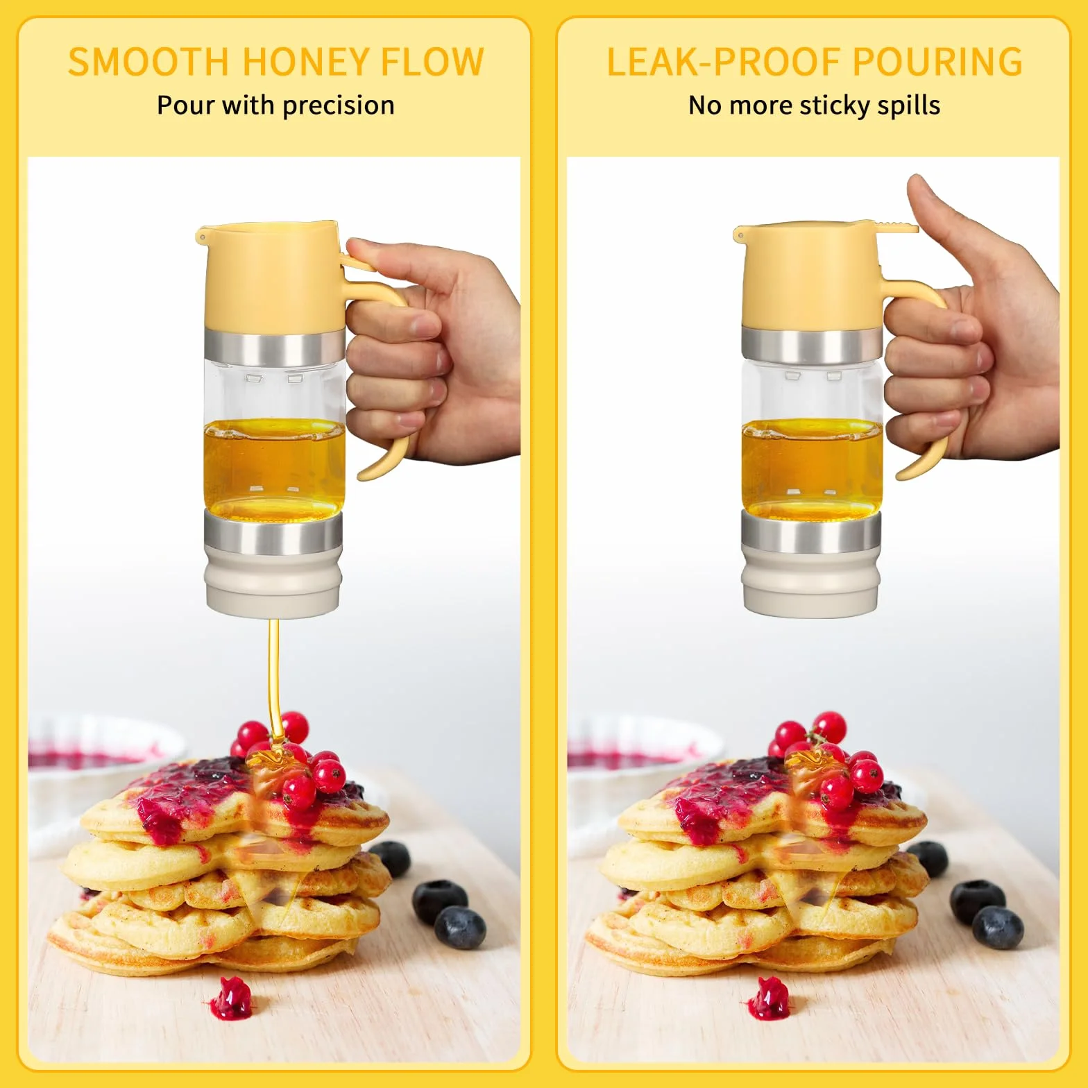 Tefola Dispenser per miele, in vetro, per sciroppo d'acero, antigoccia, con manico, accessori per caffetterie per pancake, caffè, ciotole per cereali, insalata, cucina e bar (giallo, 315ml)