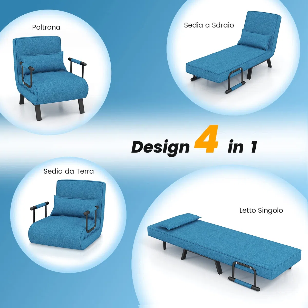 COSTWAY Poltrona Letto, 4 in 1 Poltroncina Pieghevole con Schienale Regolabile in 6 Posizioni, Sedile Imbottito Robusto, Divano Letto Singolo per Casa Ufficio, 79x65x79 cm (Blu)