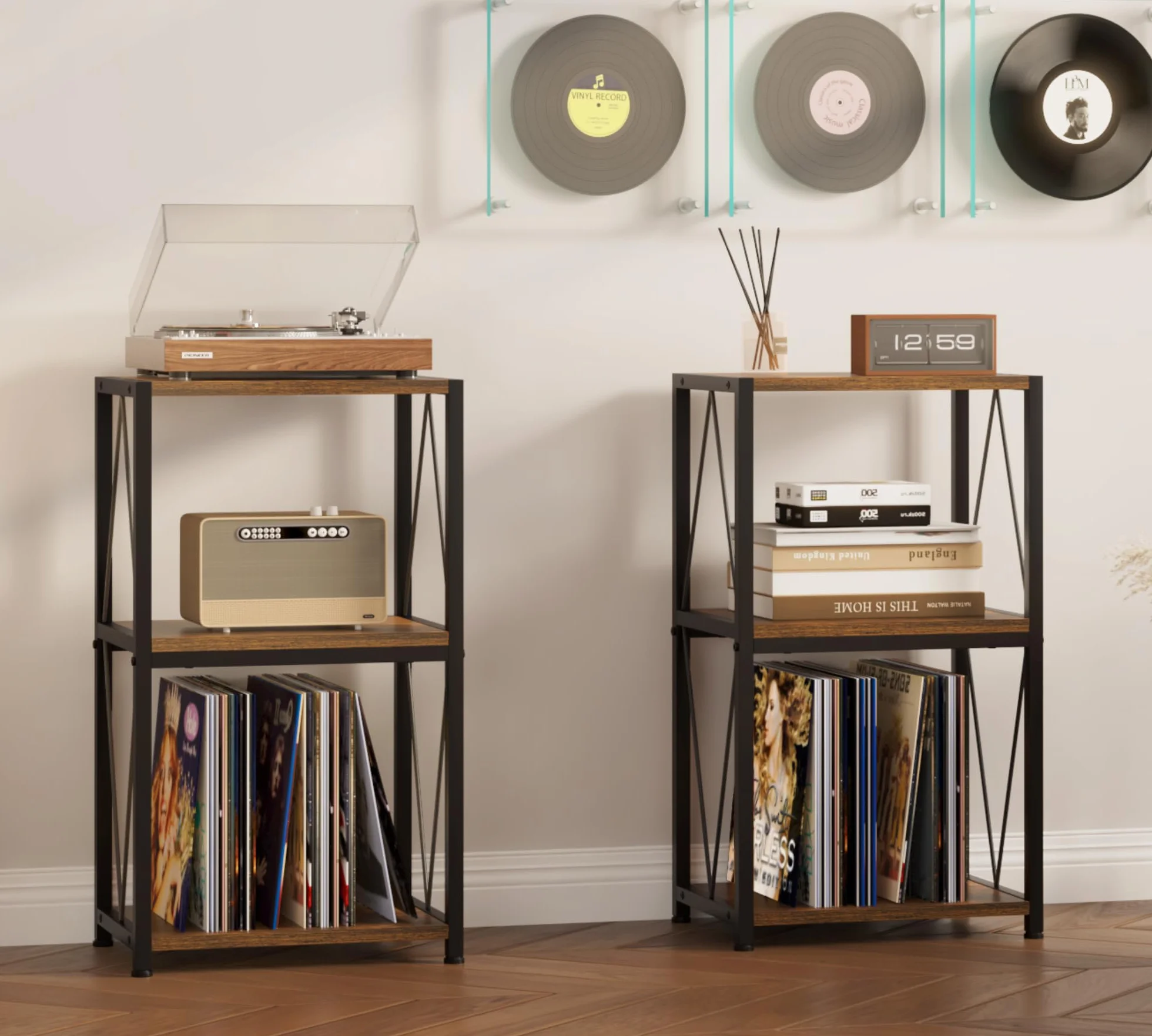 HFHOME Tavolino per dischi in vinile a 3 ripiani, armadietto per giradischi per riporre e esporre vinili, supporto per giradischi in soggiorno, camera da letto, sala musica