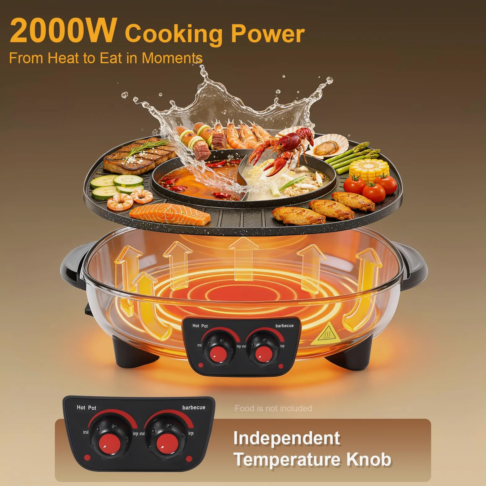 Electric Hot Pot e grill, 2000 W, padella elettrica multifunzione, capacità 3 l, con coperchio, manico del coperchio, per interni, coreano, barbecue, fonduta e raclette XXL, per 5-6 persone
