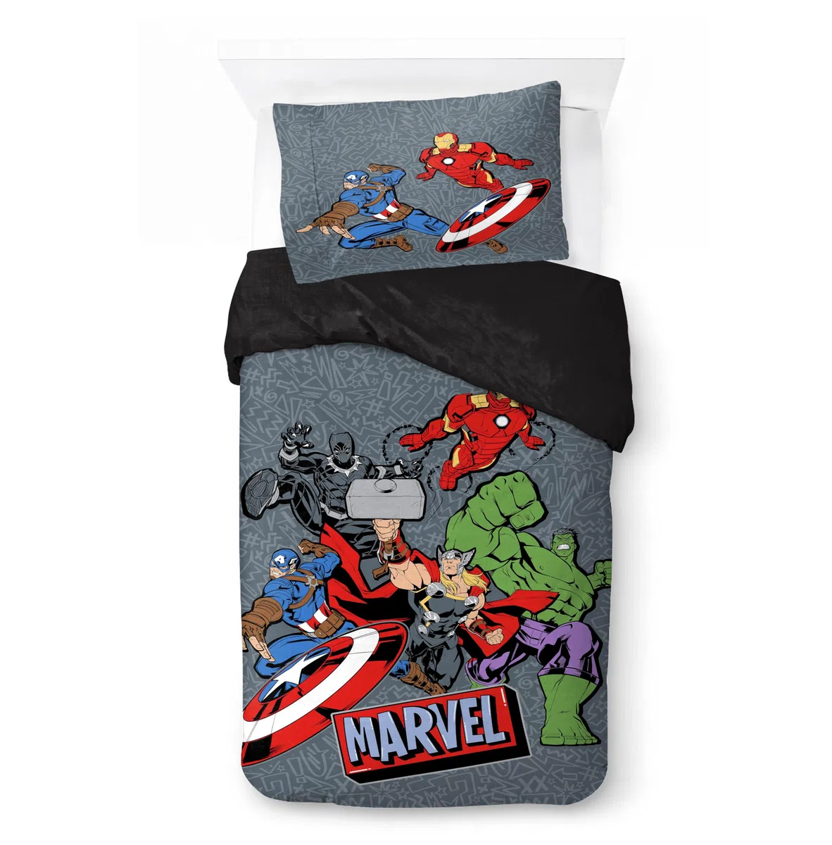 Jay Franco Kids Marvel Avengers Set copripiumino – Biancheria da letto morbidissima con federa, SOLO COPERTA, piumone non incluso, grigio, 2 pezzi singolo