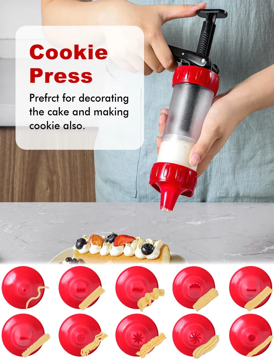 GDL Sparabiscotti con 12 Stencil e 10 Beccucci, Siringa Decoratore per Dolci, Siringa Stampi per Biscotti Fatti in Casa, DIY Biscotti, Biscotti per Frolla Churros, Indispensabile per Le Feste, Rosso