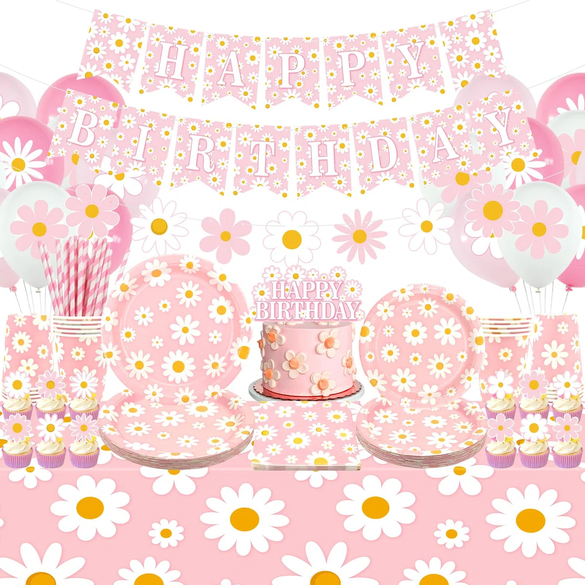 Pink Daisy - Decorazioni per feste di compleanno per ragazze, accessori per feste con striscioni, piatti, decorazioni per torte, bicchieri, tovaglioli, palloncini, tovaglie, per 20 persone