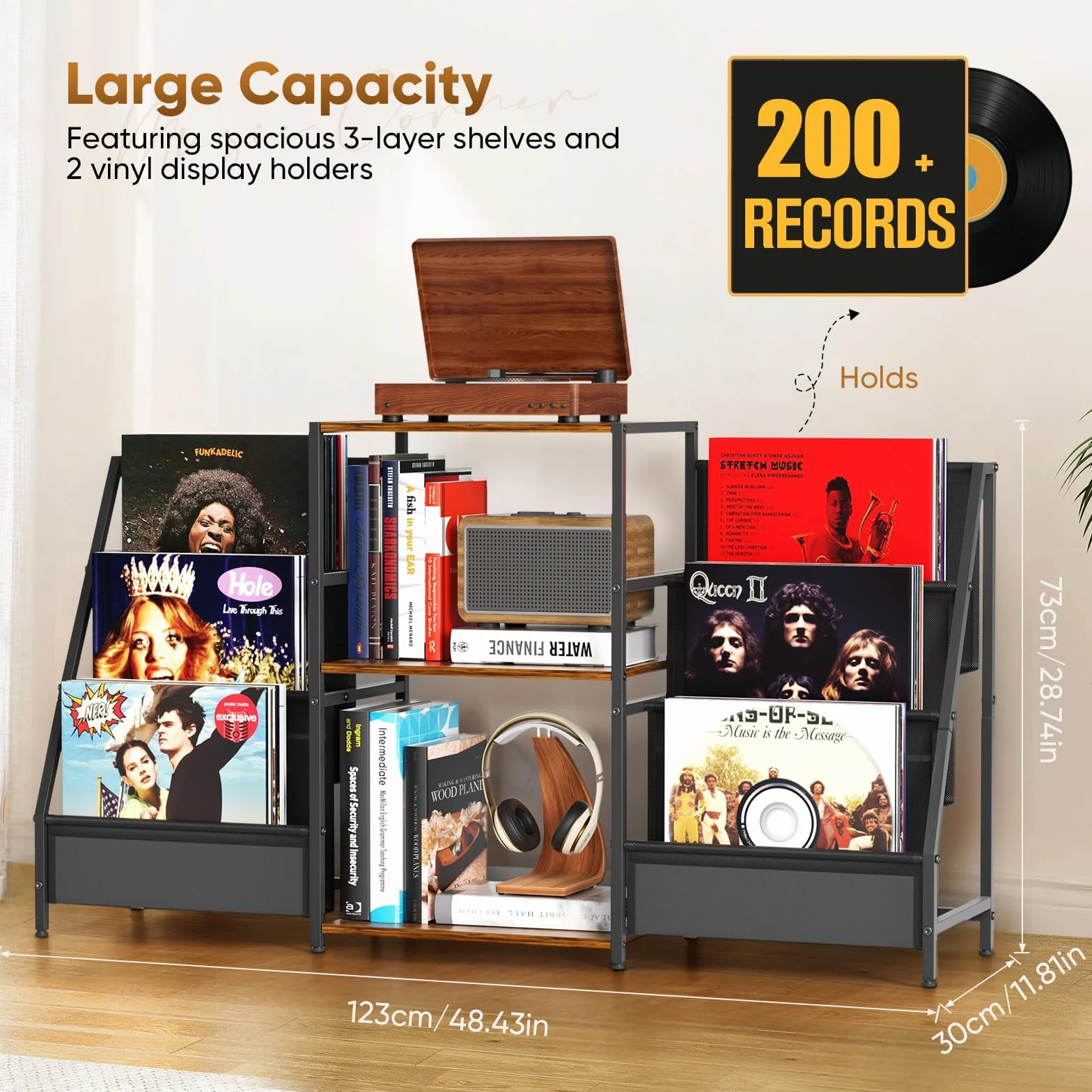 Supporto per giradischi, Tavolo a 3 livelli, Stoccaggio di dischi in vinile fino a 200 album, 123 * 30 * 73 cm, Supporto per giradischi per l'esposizione e l'archiviazione in soggiorno, camera