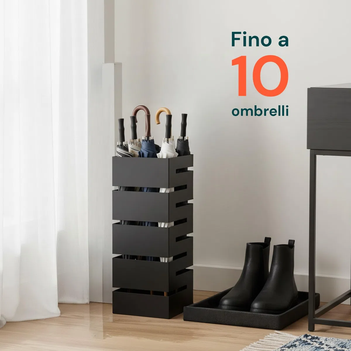 Avilia Portaombrelli da Interno Metallo Nero – Porta Ombrelli con Vaschetta Raccogligocce e 2 Ganci, Portaombrelli da Esterno 10 Ombrelli, Design Moderno per Ingresso Casa e Ufficio