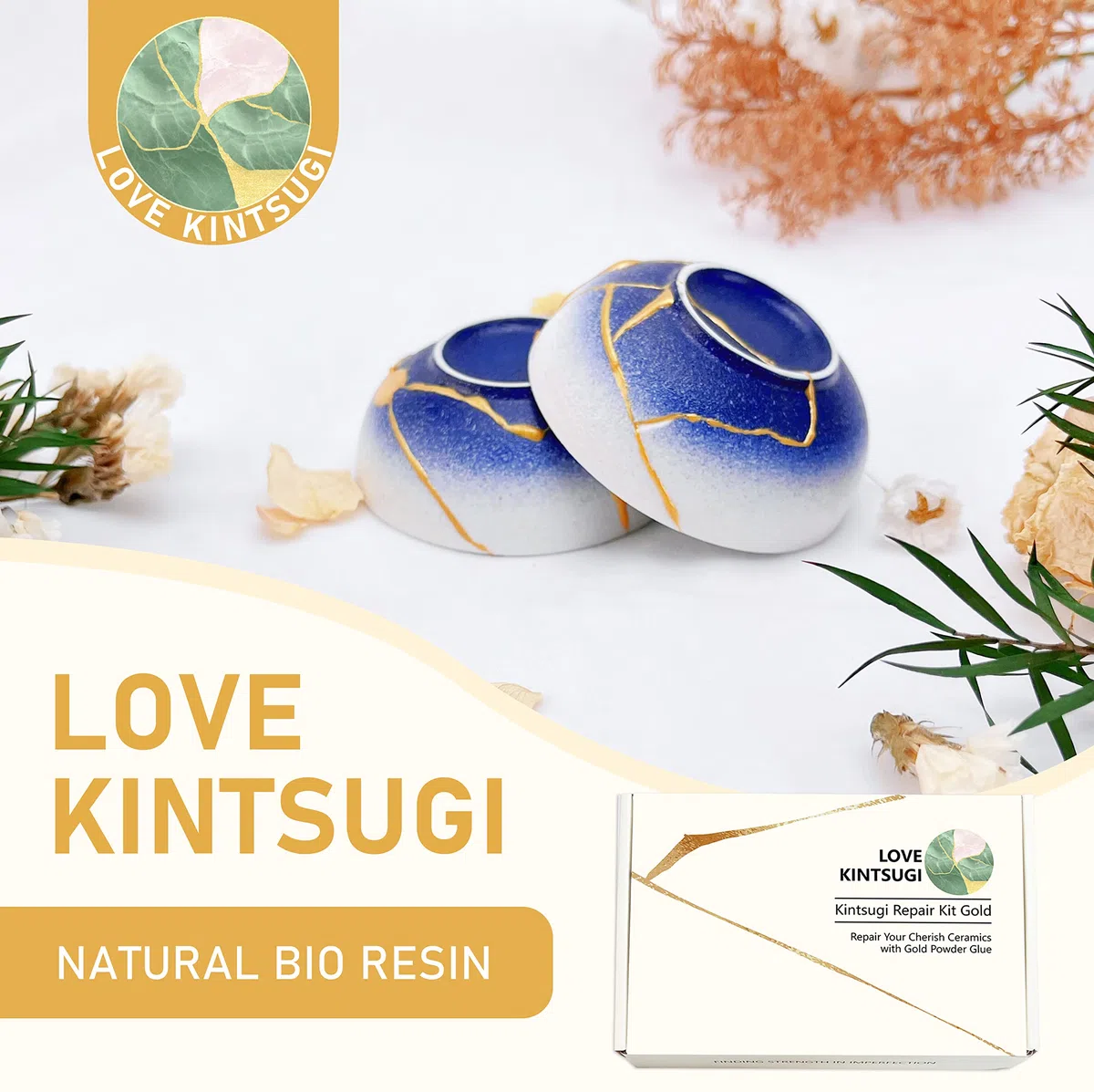 Bio Kintsugi Kit - Kintsugi Set di Riparazione per Tazza, Statua, Ceramica Sicuro per Alimenti e Lavabile in Lavastoviglie, per Principianti, Kit per Kintsugi di Arte Giapponese