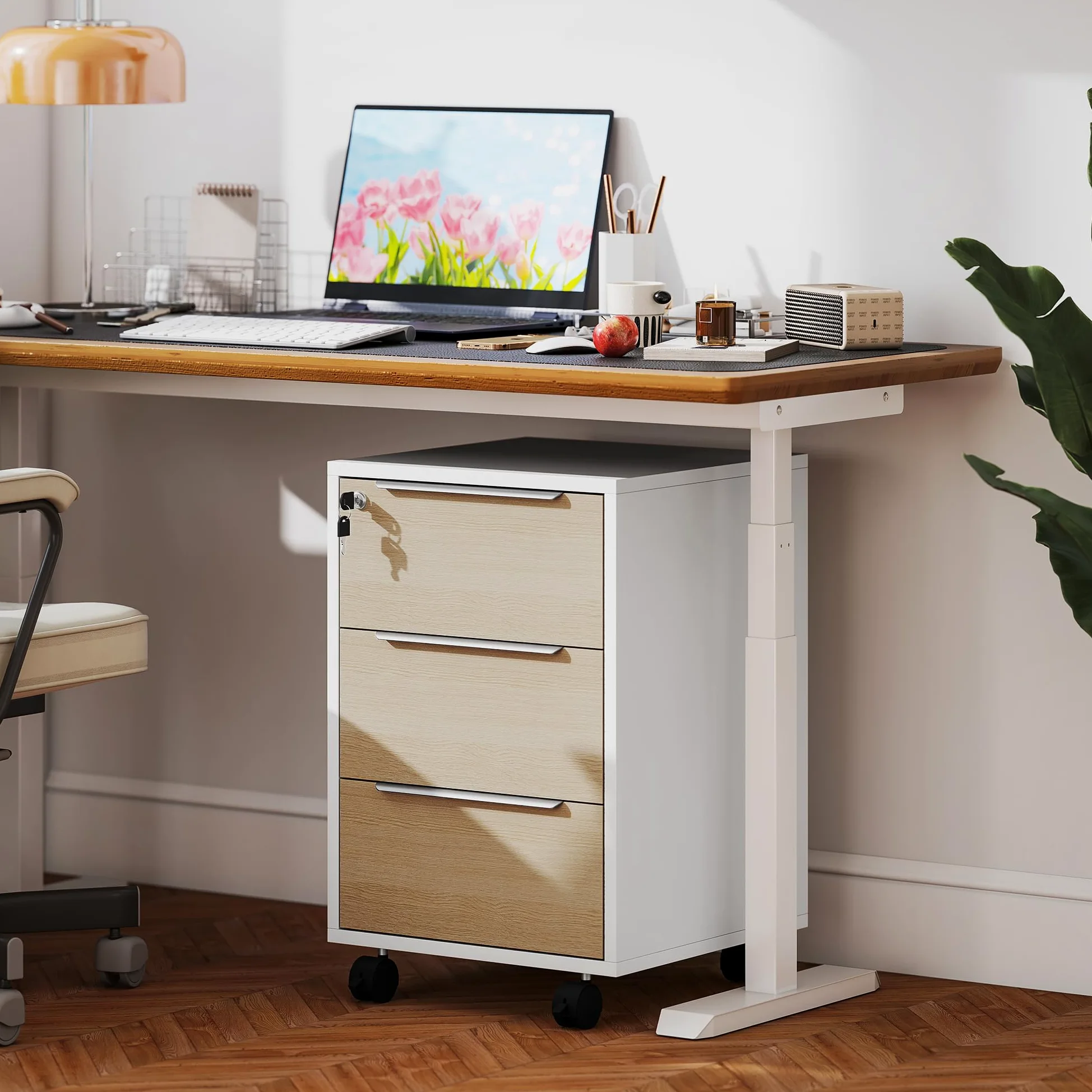 HOMCOM Schedario da Ufficio con 3 Cassetti, 4 Ruote, Cassettiera Ufficio con Serratura e 2 Chiavi per Lettera/Formato A4, Armadietto Verticale per Studio, 40x40x63.5 cm, Bianco e Rovere