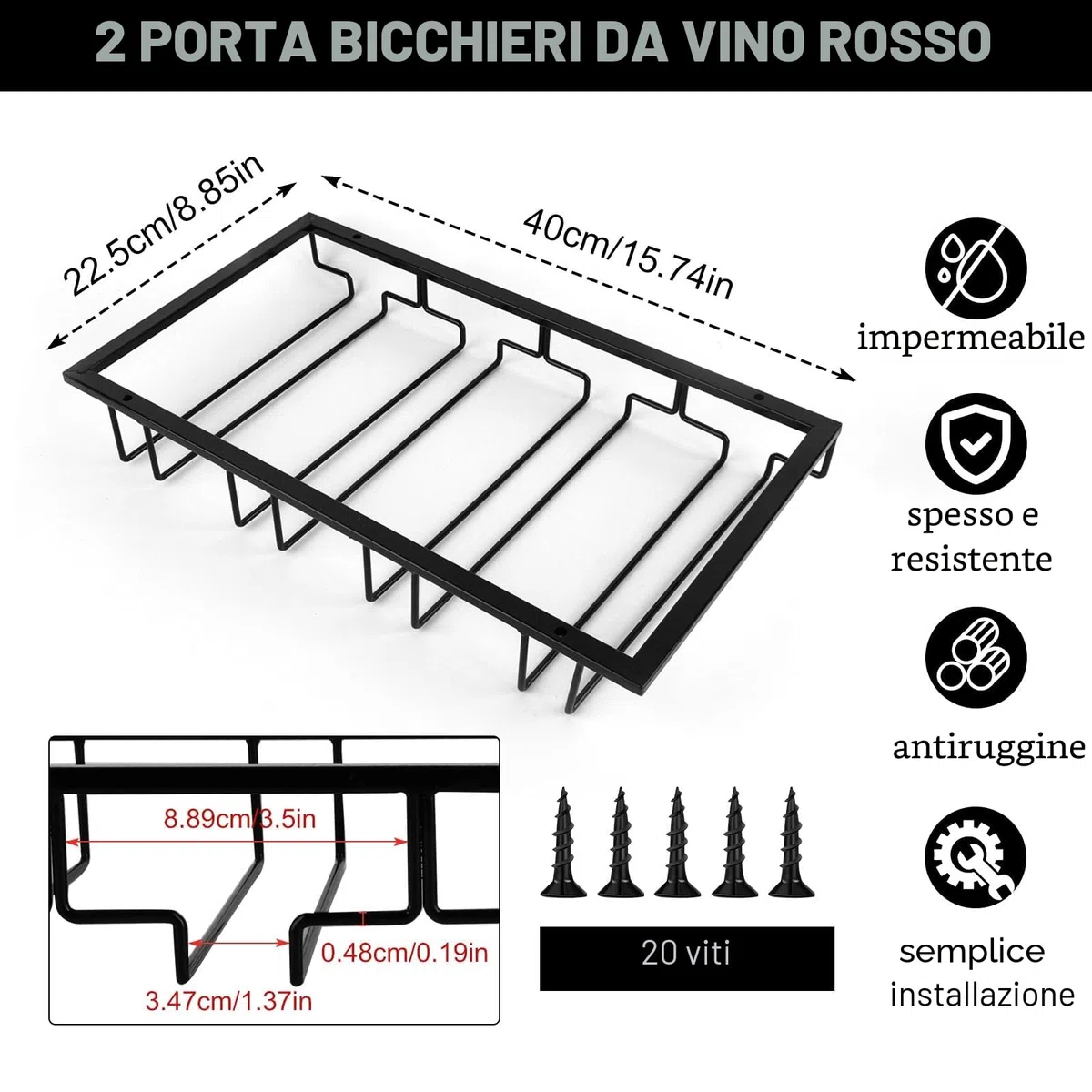 MXTIMWAN 4 Binari Porta Bicchiere da Vino Sospeso, 2 Pezzi Scolabicchieri Portabicchieri, Porta Calici Sotto Armadio, per Bar Ristorante Cucina