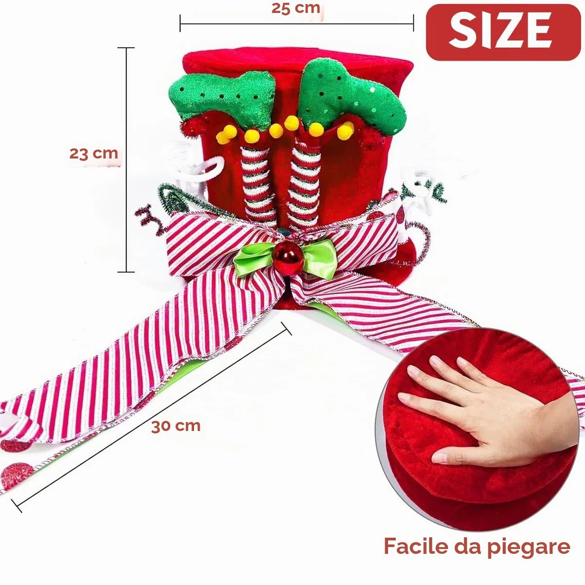 KAHEIGN Punte per Albero di Natale, 25CM Grande Rosso Puntale per Albero di Natale Cappello a Cilindro con Gambe da Elfo e Nastro a Strisce per Casa Natale Inverno Festa Decorazione Desktop Ornamenti
