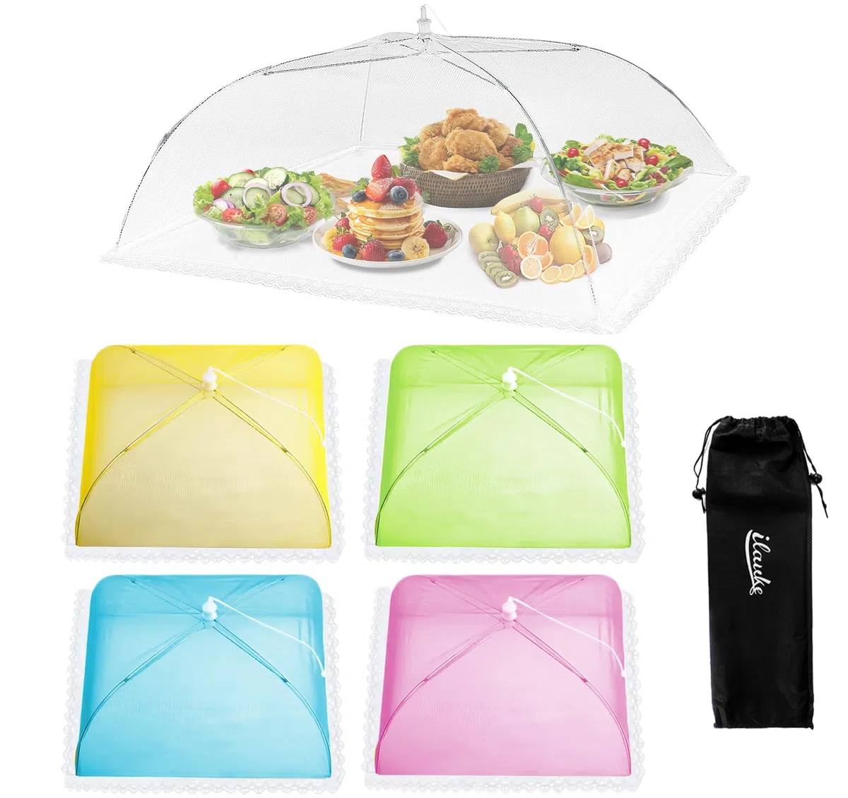ilauke Confezione da 5 coperture per alimenti in rete, 100 x 60 cm e 43 x 43 cm, rete alimentare pieghevole riutilizzabile per proteggere da mosche e zanzare (bianco e colorato)