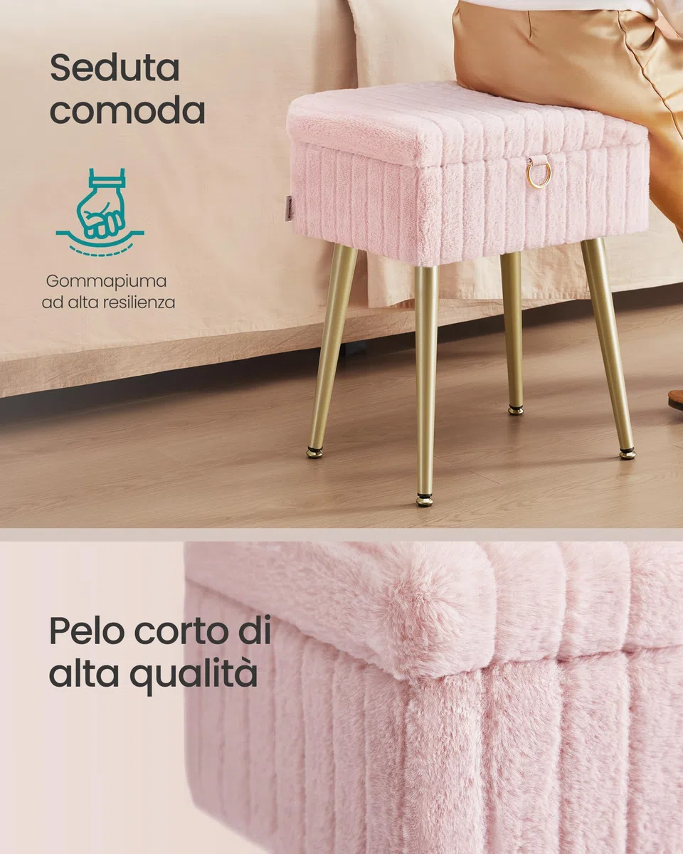 SONGMICS Sgabello da Trucco, Pouf Contenitore, Poggiapiedi, Gambe in Metallo, Imbottito, Piedini Regolabili, Soggiorno Camera da letto Cabina Armadio, Rosa Pastello LOM505SZ02
