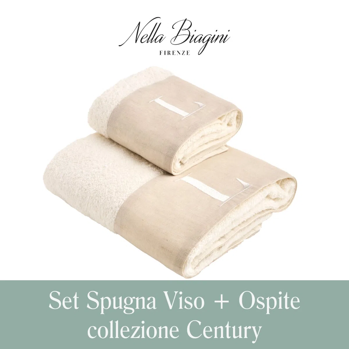 NELLA BIAGINI Set Asciugamani Bagno Viso e Bidet, con Iniziali Ricamate, Coppia Asciugamani Bagno, in Spugna di Cotone e Lino, 420 gr/mq, 110x60 cm + 60x40 cm, Made in Italy. Modello: Century
