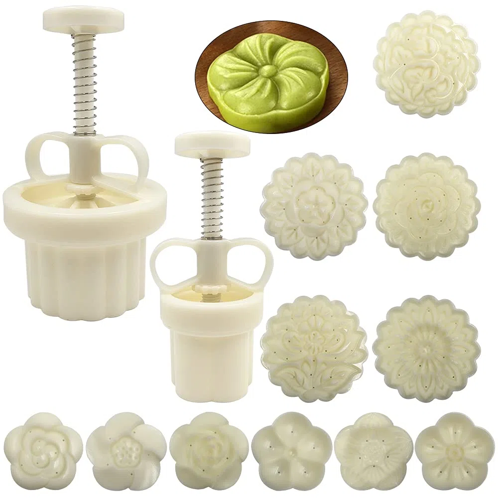 FineGood - Set di 2 stampi per torta lunare con 11 punti, stampi per biscotti fai da te, 50 g, 100 g, stampi per torta lunare a pressione manuale