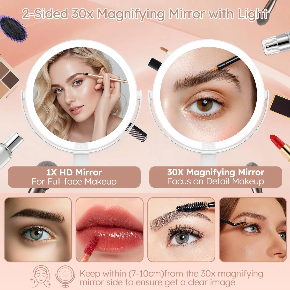 Sprifityy Specchio Trucco con Luci,30X/1X a doppia faccia specchio d'ingrandimento,Specchio ingranditore ricaricabile con luce,3 modalità di colore e luminosità regolabile, con tweeezer