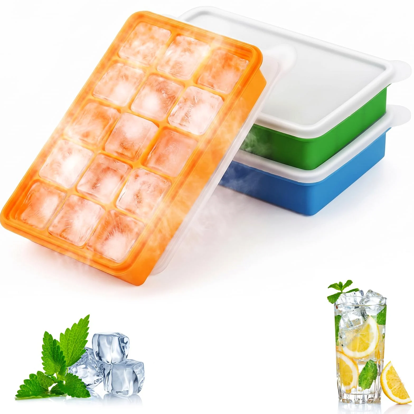 3 Pezzi Stampi per Ghiaccio in Silicone, 15 Cubetti Ghiaccio con Coperchio, Senza BPA e Impilabile, per Whisky, Cocktail, Cioccolato, Puree di Frutta, Facili da Rimuovere