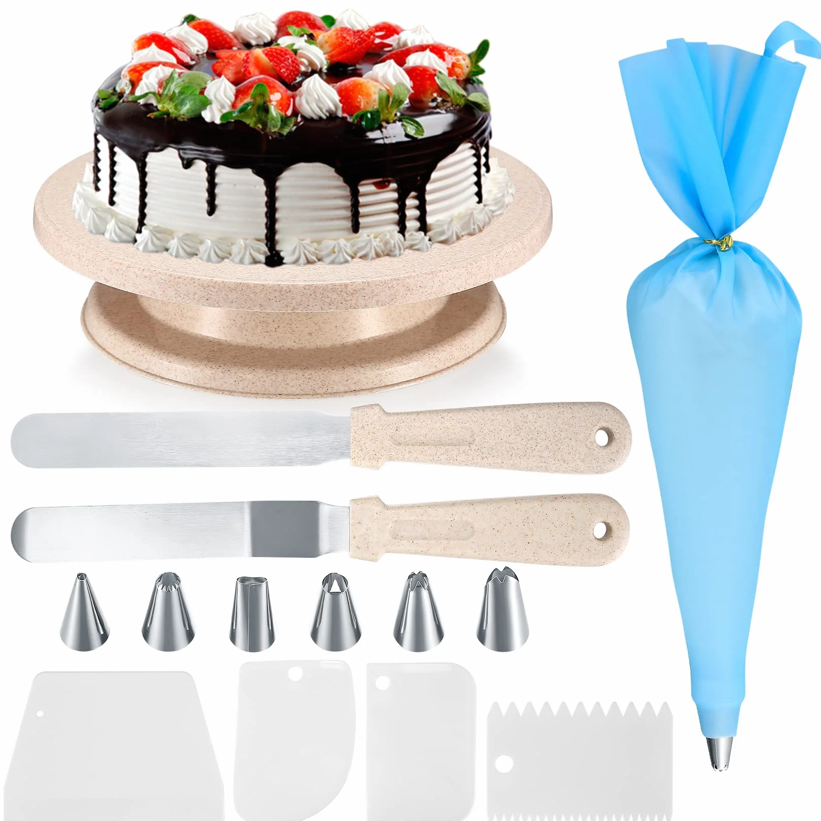 Kit per Decorare Torte, Strumenti per Giradischi, Piatti, Forniture Stand con Raschietti, Spatole, Sac à Poche per Dolci e Punte per Piping