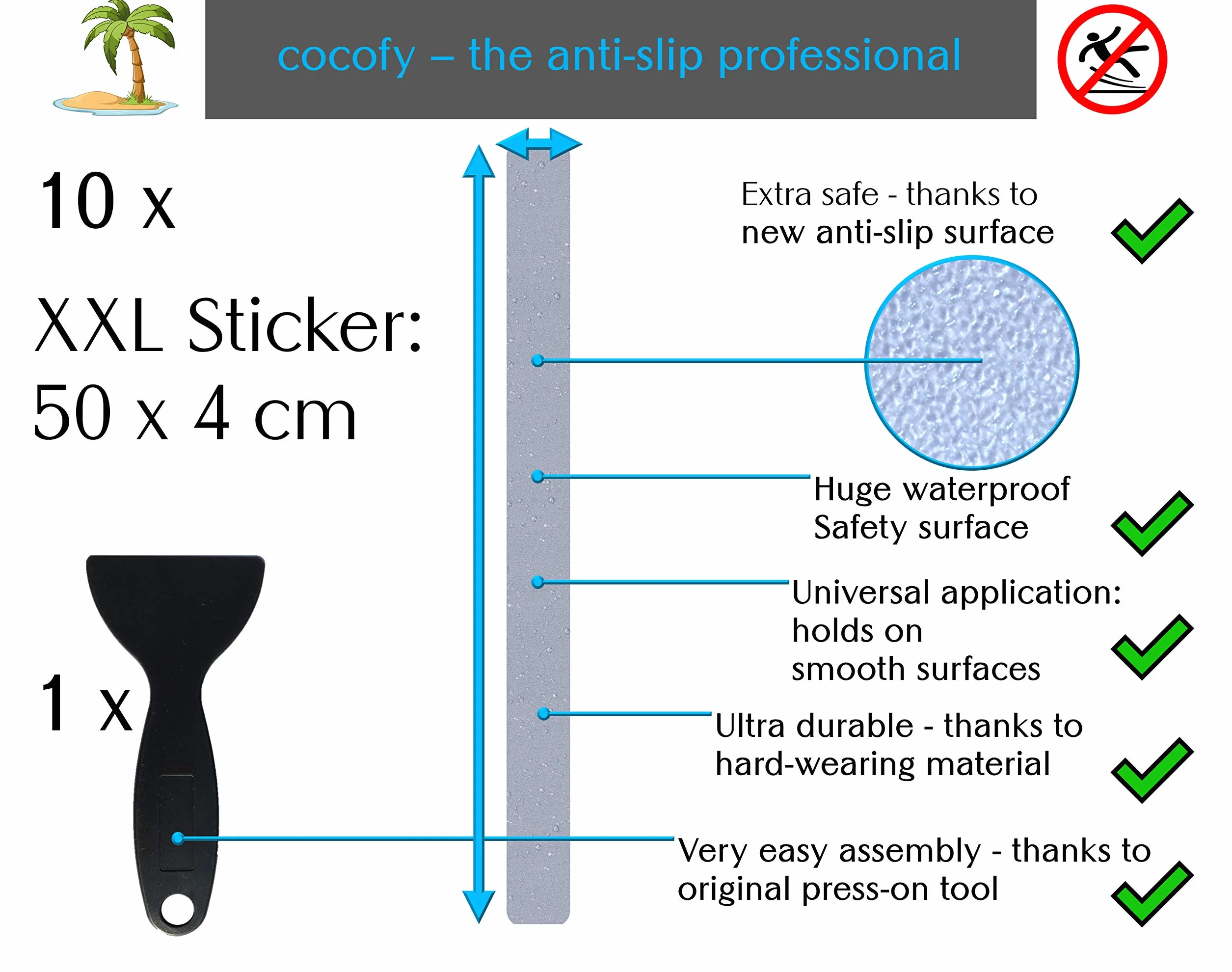 Adesivi Antiscivolo Doccia e Vasca XXL | Adesivi per Bagno in Gomma Antiscivolo, 50x4, Trasparenti, Lunghi| Efficace Antiscivolo Doccia, e Antiscivolo Bambini, Confezione da 10