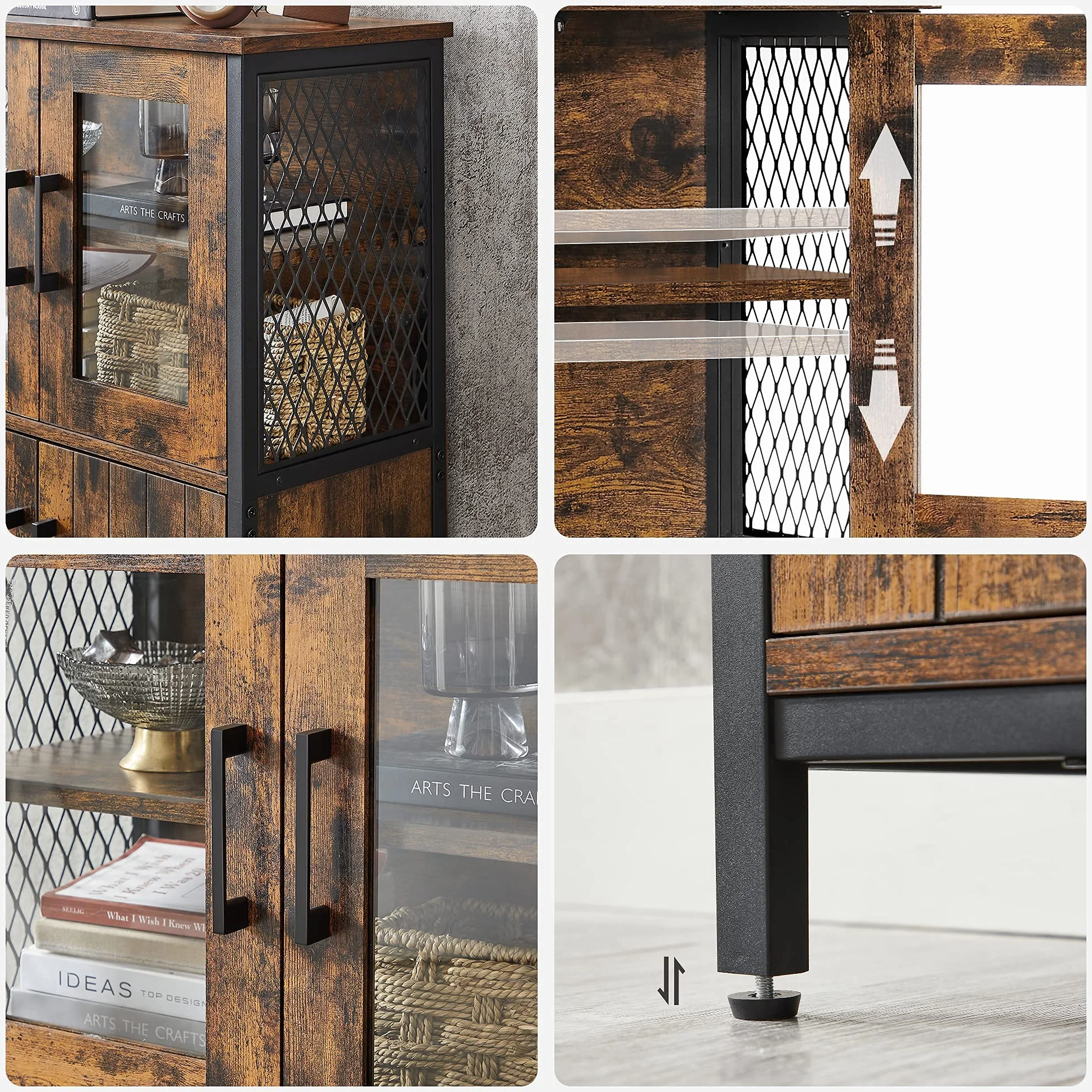 VASAGLE Mobiletto Multiuso, Armadietto, Credenza, Ripiano Regolabile, Mobile da Bagno, Struttura in Acciaio, per Salotto Cucina, Stile Industriale, Marrone Vintage e Nero LSC260B01