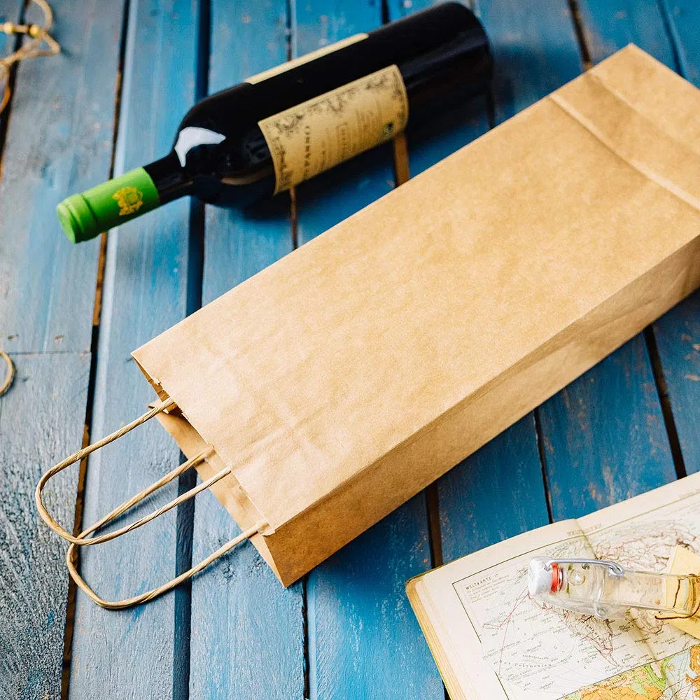 BIOZOYG Borsa per Bottiglie Sacchetti Regalo 25 pezzi 14 + 8 x 40 cm Marrone - Sacchetti di Carta Borsa per Vino Compostabile Sostenibile - Confezione Regalo Liquore Rum