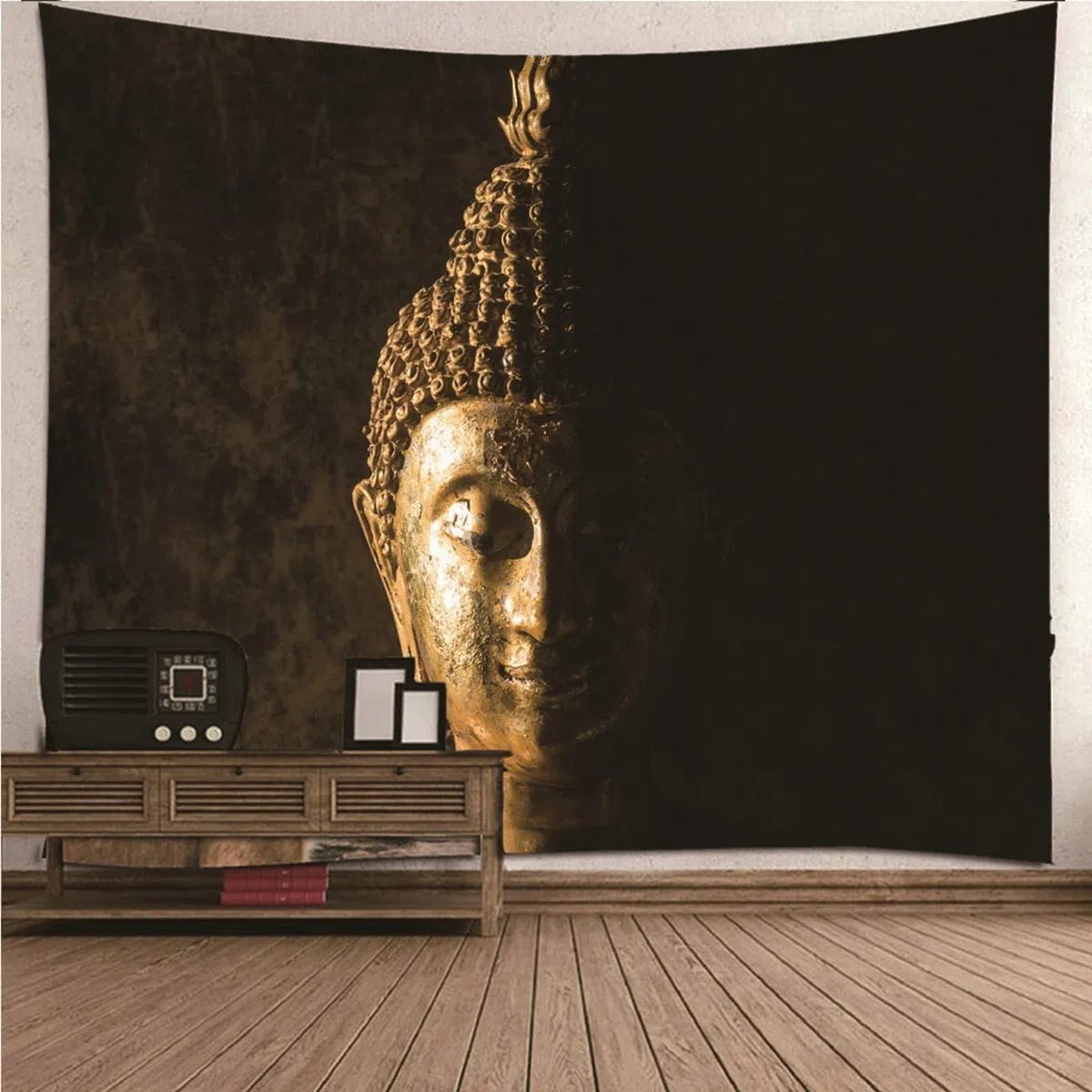 Isdreem Arazzo da Parete Arte Telo Muro Cameretta Testa di Buddha Tema Buddista Letto Copriletto Invernale Nero Tessuto per Coperte Appendere Alla 200x150cm
