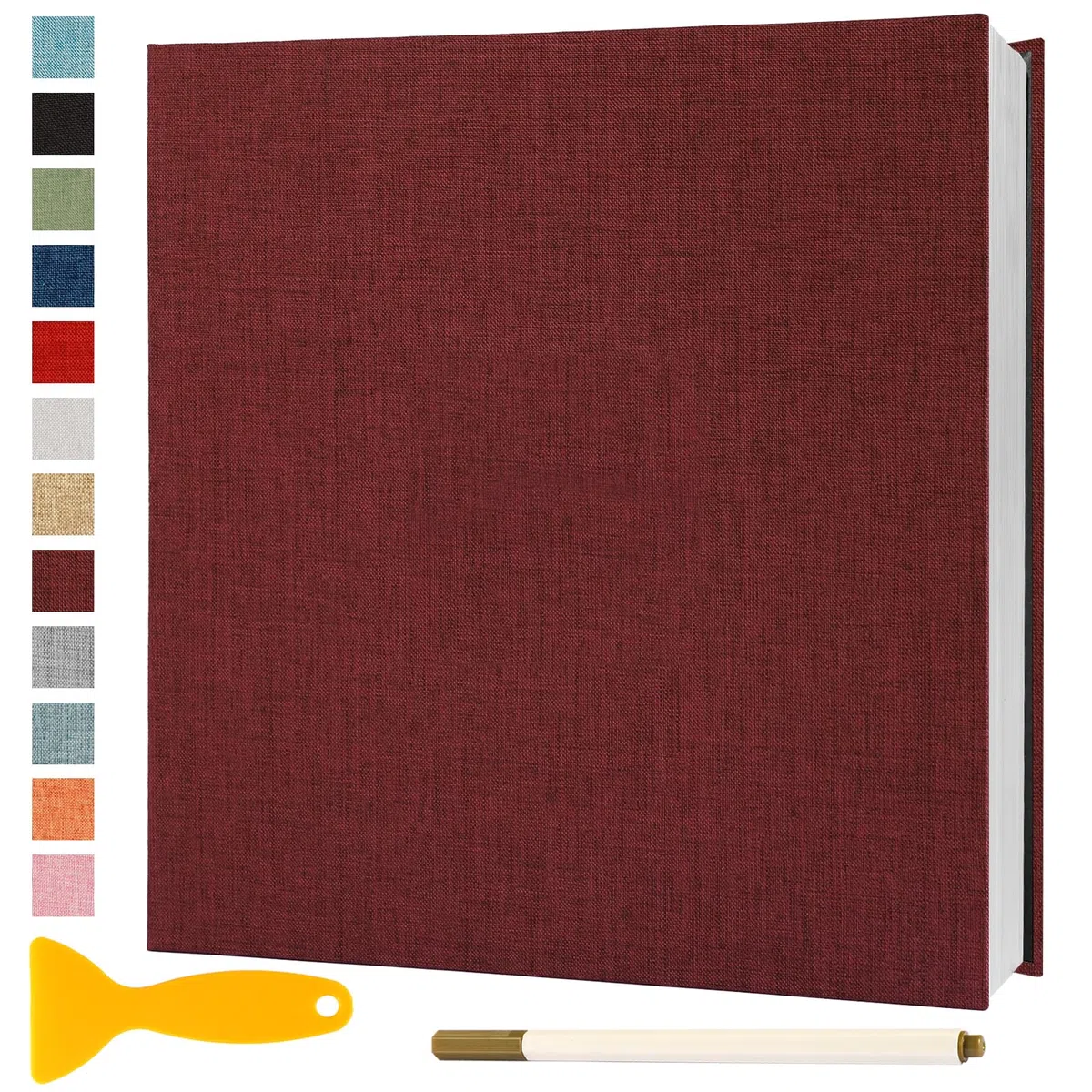 Album Fotografico Autoadesivo 28x27 CM in Lino Album Portafoto Personalizzabile Scrapbook Photo Album Fotolibro Ricordi Nascita Matrimonio Journal Travel Guest Book, 40 Pagine Rosso