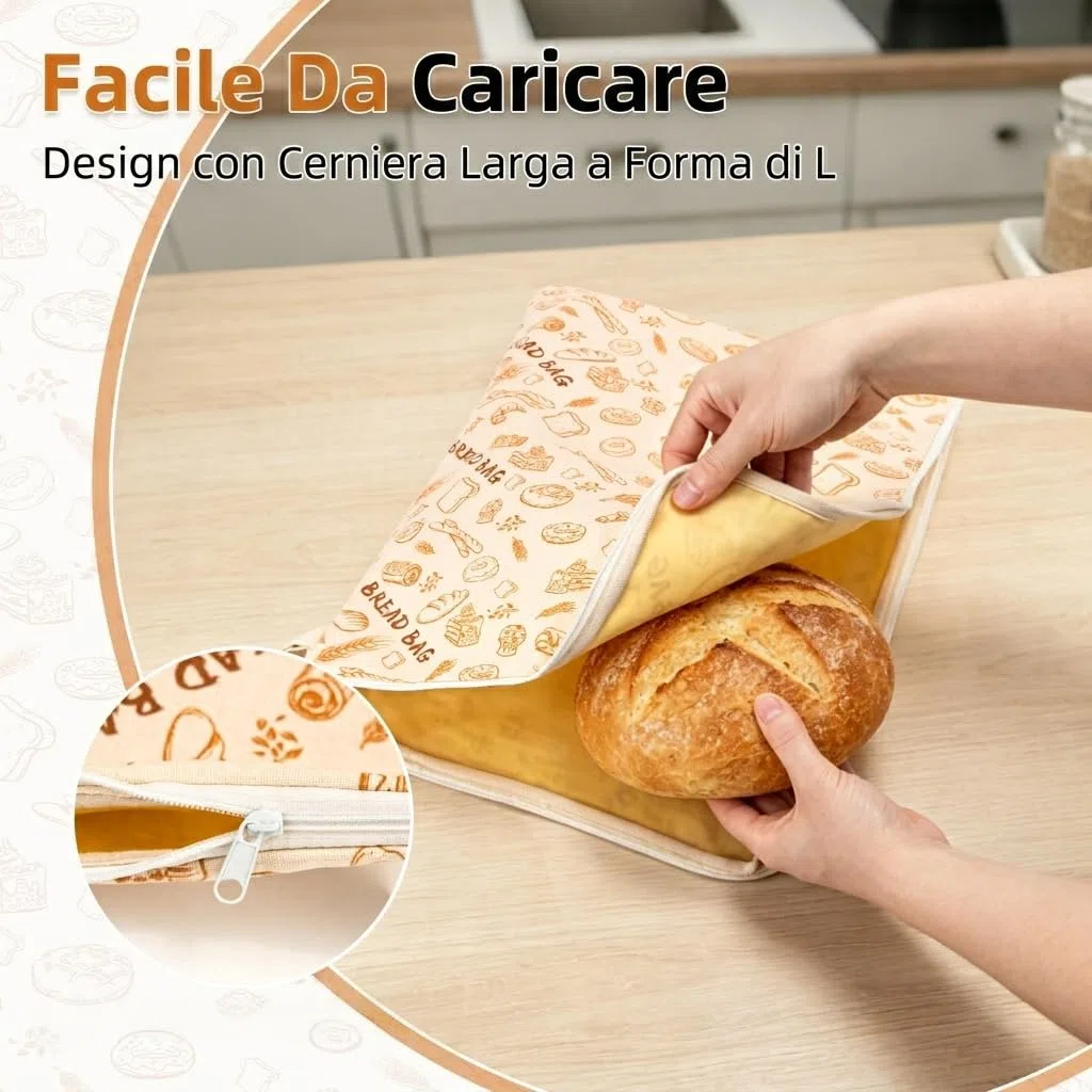 AHJ Confezione da 2 Sacchetti per Pane in Cera d'Api 43x33cm, Borsa Porta Pane Riutilizzabile in Cotone e Lino con Cerniera a L per Sourdough Fatto in Casa, Baguette e Pane Artigianale Lavabile