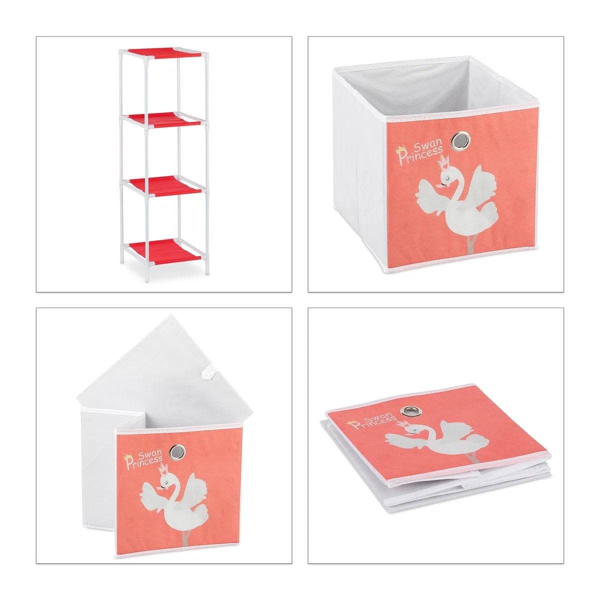 Relaxdays Scaffale per Giocattoli con 3 Scatole, Bambini Bambine Design Swan Princess HBT 89x27,5x30 cm, Bianco/Rosso