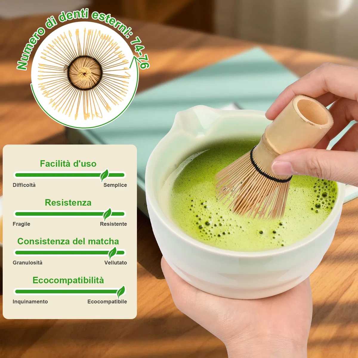 5 Set Matcha,Matcha Cerimoniale,Matcha set da tè matcha,con Frusta Matcha in bambù cucchiaio ciotola e supporto,regalo per gli amanti del matcha Verde a Gradiente