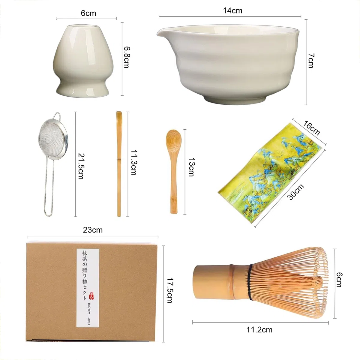 Set Matcha da 7 Pezzi in Stile Giapponese – Kit per la Cerimonia del Tè con Frusta in Bambù, Ciotola da 500ml, Cucchiai, Setaccio, Supporto per Frusta e Panno – Accessori Completi per Matcha (Bianco)