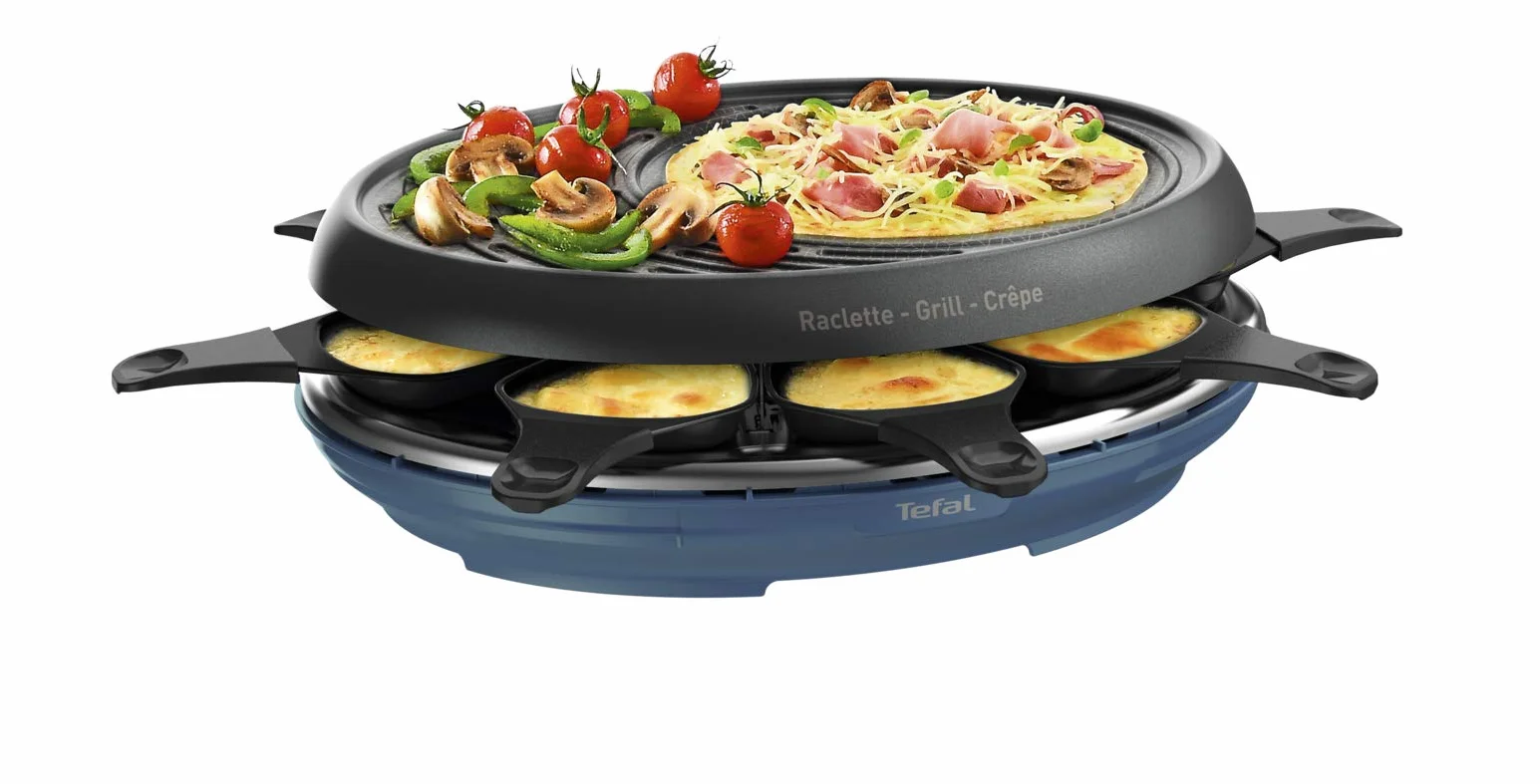 Tefal - Colormania, dispositivo 3 in 1, grill, raclette e crêpes, rivestimento antiaderente Easy Plus, 8 ciotoline, lavabile in lavastoviglie, 1050 W, blu acciaio, RE310401