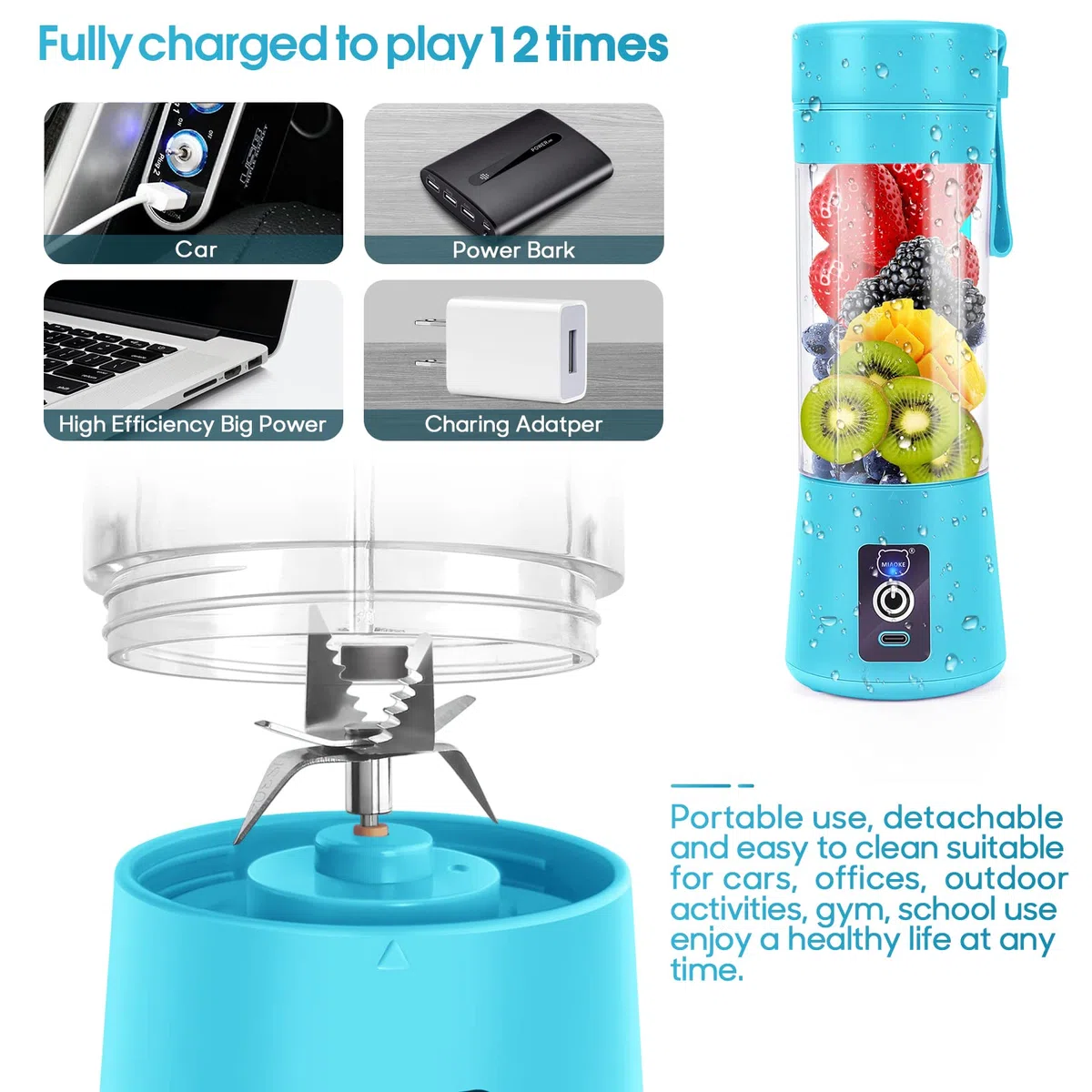 Frullatore portatile per frullati, mini frullatore per succhi con sei lame in 3D, USB ricaricabile Juicer Cup per casa/ufficio/esterno (Blu)