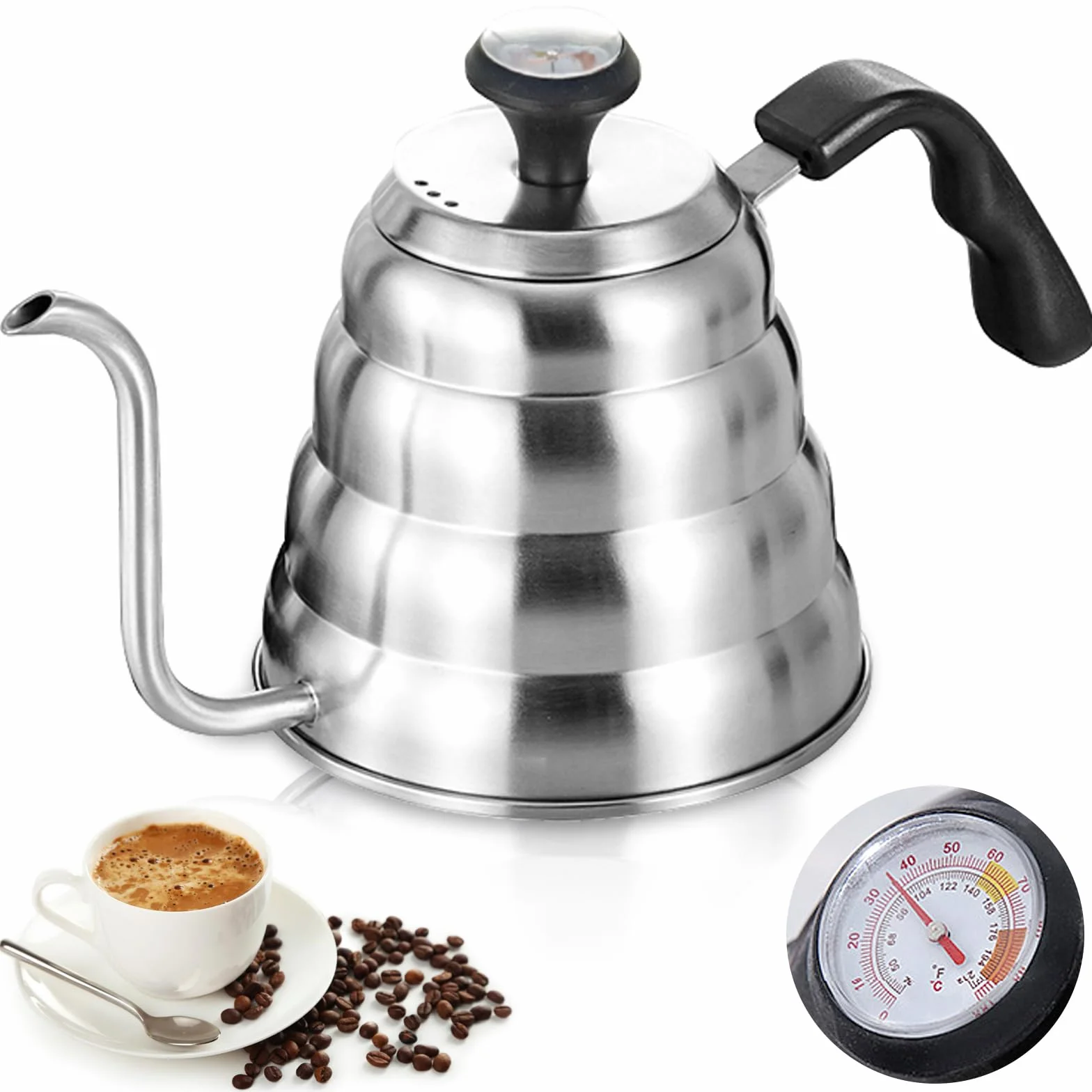 Bollitore a collo di cigno: 1200 ml / 40 oz in acciaio inox, bollitore a collo di cigno con termometro per tutti i tipi di fornelli, durevole, facile da pulire