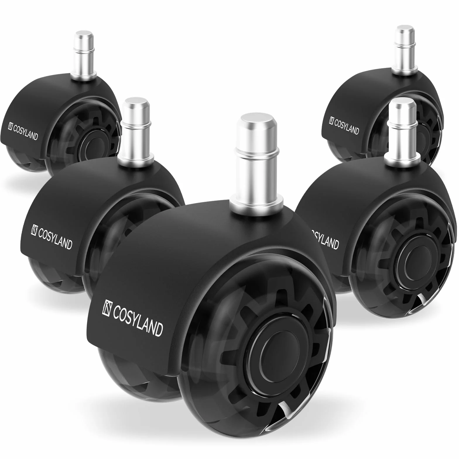 COSYLAND Set 5 Rotelle Doppie Nero Trasparente, Ruote sedia ufficio resistenti e silenziose, ruote per sedia ufficio per parquet, perfette per ufficio, 11X22MM