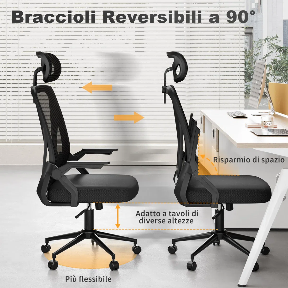 naspaluro Sedia da Ufficio,Con Braccioli Ribaltabili a 90°,Sedie Scrivania Ergonomica Lombare, Con Poggiatesta, Rivestimento in Rete Traspirante, Sedia Girevole a 360° Con Funzione Swing,Nero