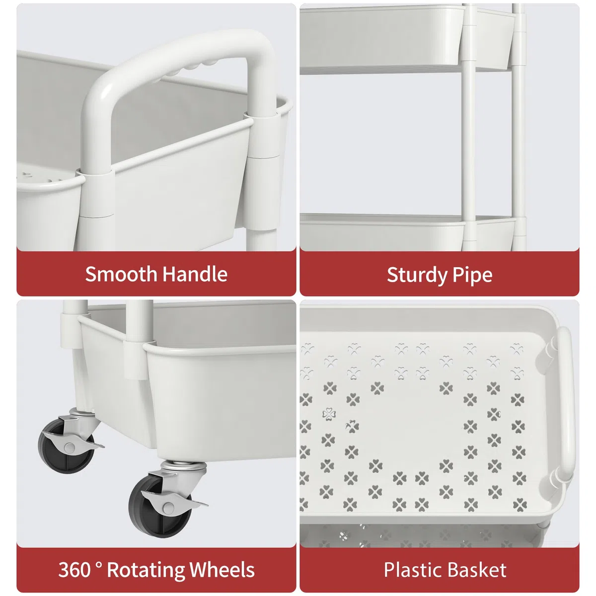 Sywhitta Carrello multiuso in plastica a 3 livelli con maniglia, carrello portaoggetti multifunzione per ufficio, soggiorno, cucina, organizer mobile con ruote, bianco
