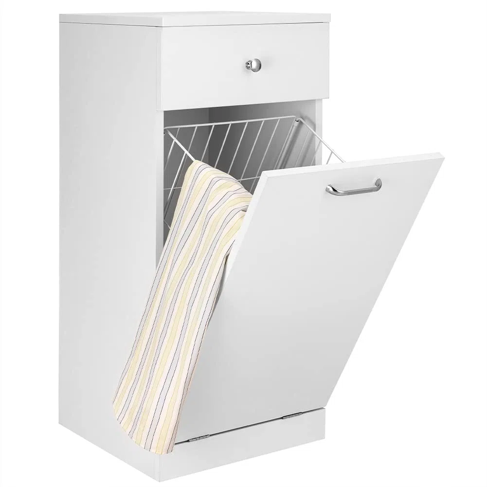 BAKAJI Mobile da Bagno Porta biancheria Bianco con 1 Cassetto ed 1 Anta Basculante, Armadietto Autoportante con Cesto per Lavanderia, Vano Portaoggetti, Dimensioni 35 x 35 x 75 cm