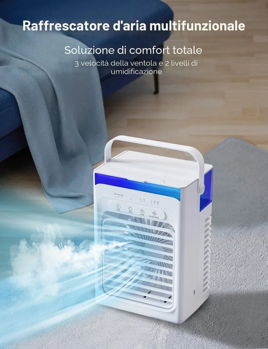 Mini Condizionatore Portatile, Ventilatore con Ghiaccio, 1000 ML Raffrescatore d'Aria con Doppio Motore, 3 Velocità, Nebbia Fredda, Timer 2/4/6H, Luci LED, per Casa, Ufficio (Bianco‌)