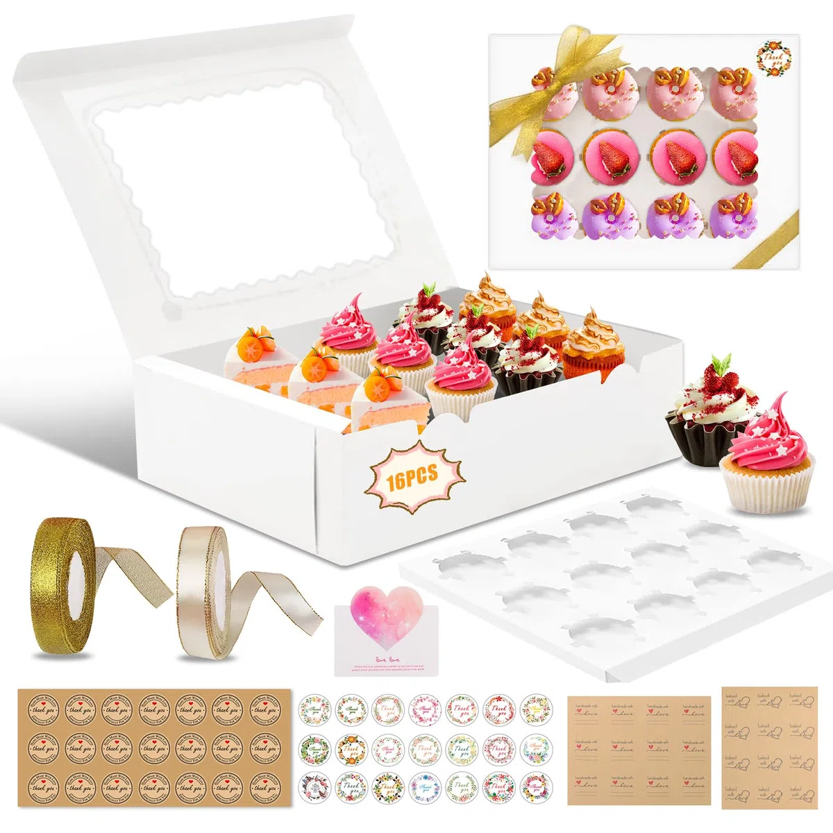 UCAMP 16 Pezzi Scatole per Cupcakei,Scatola per Muffin con Finestra,Scatole per Dolci con Spago,Adesivi e biglietti d'auguri,per Alimentiper Pasticcini,adatta per Natale,Compleanni,Matrimoni