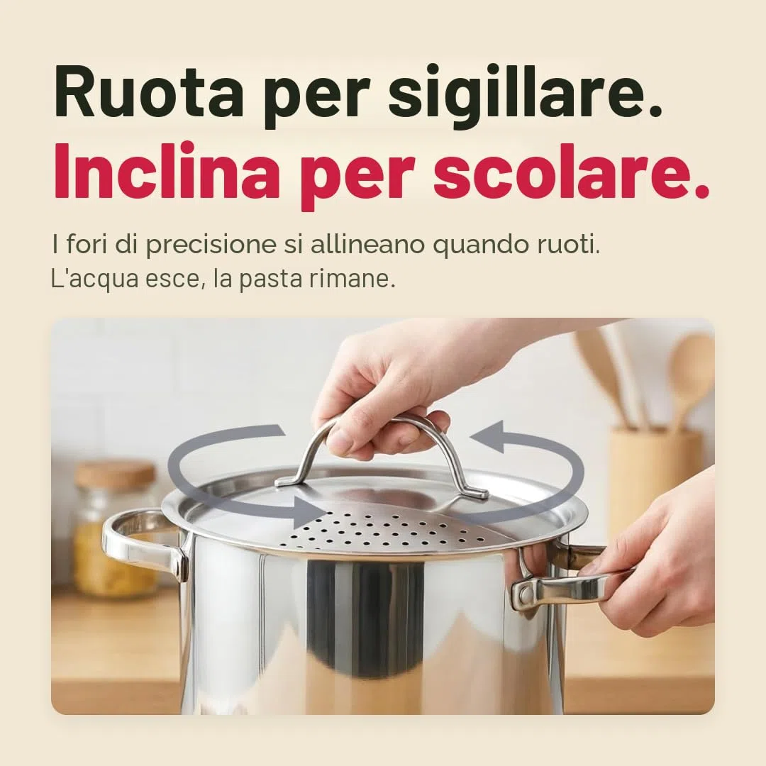 Pentola per pasta in acciaio inox con coperchio con colino bloccabile, grande capacità da 5,5 litri, torsione e blocco per un facile svuotamento e senza bisogno di scolapasta o inserto per colino,