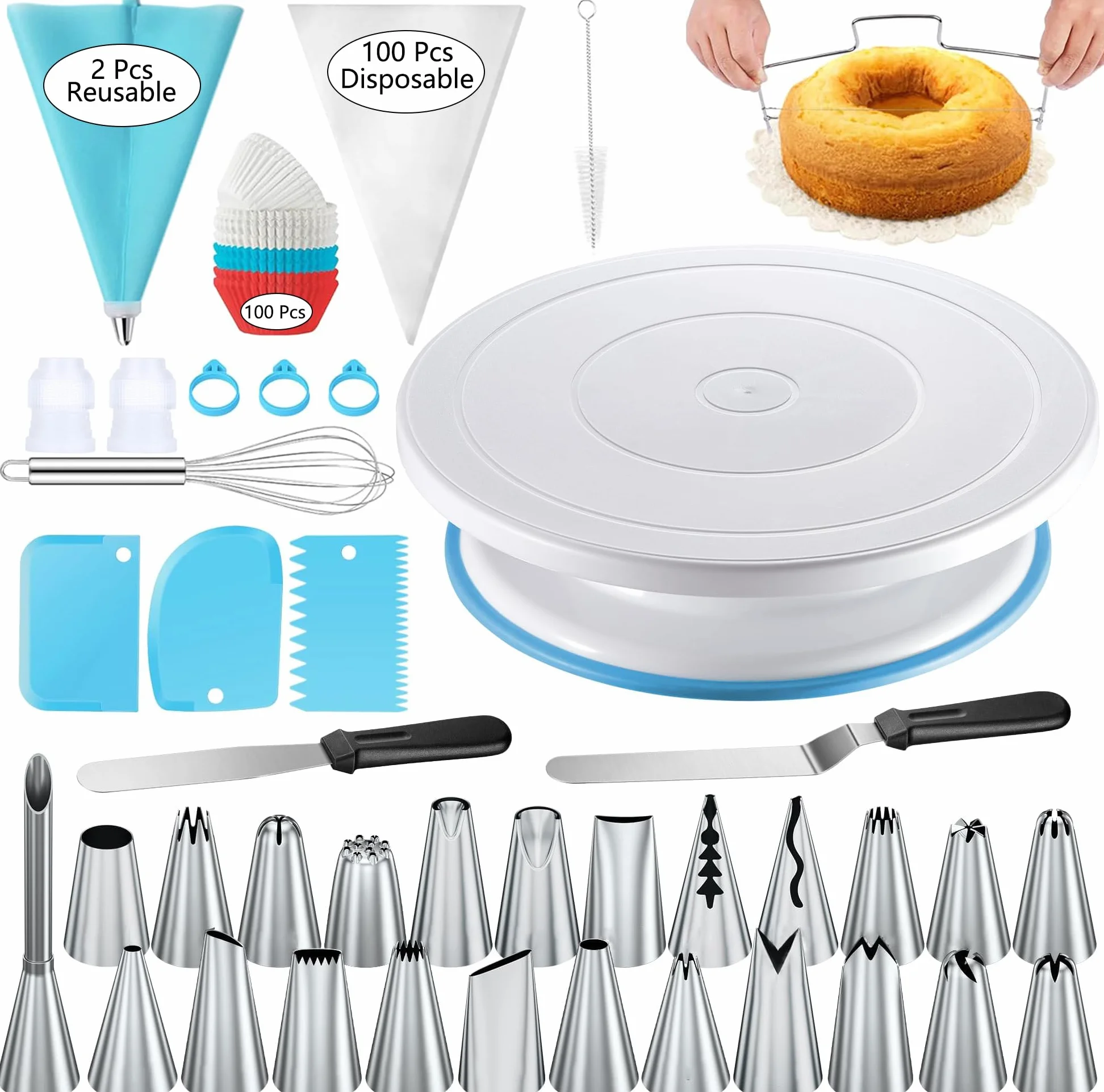 Kit per decorazione torte, Piatto Girevole per Torte, Kit Pasticceria Professionale, Accessori e Utensili Per Pasticceria, Set di sacchetti e beccucci per tubazioni