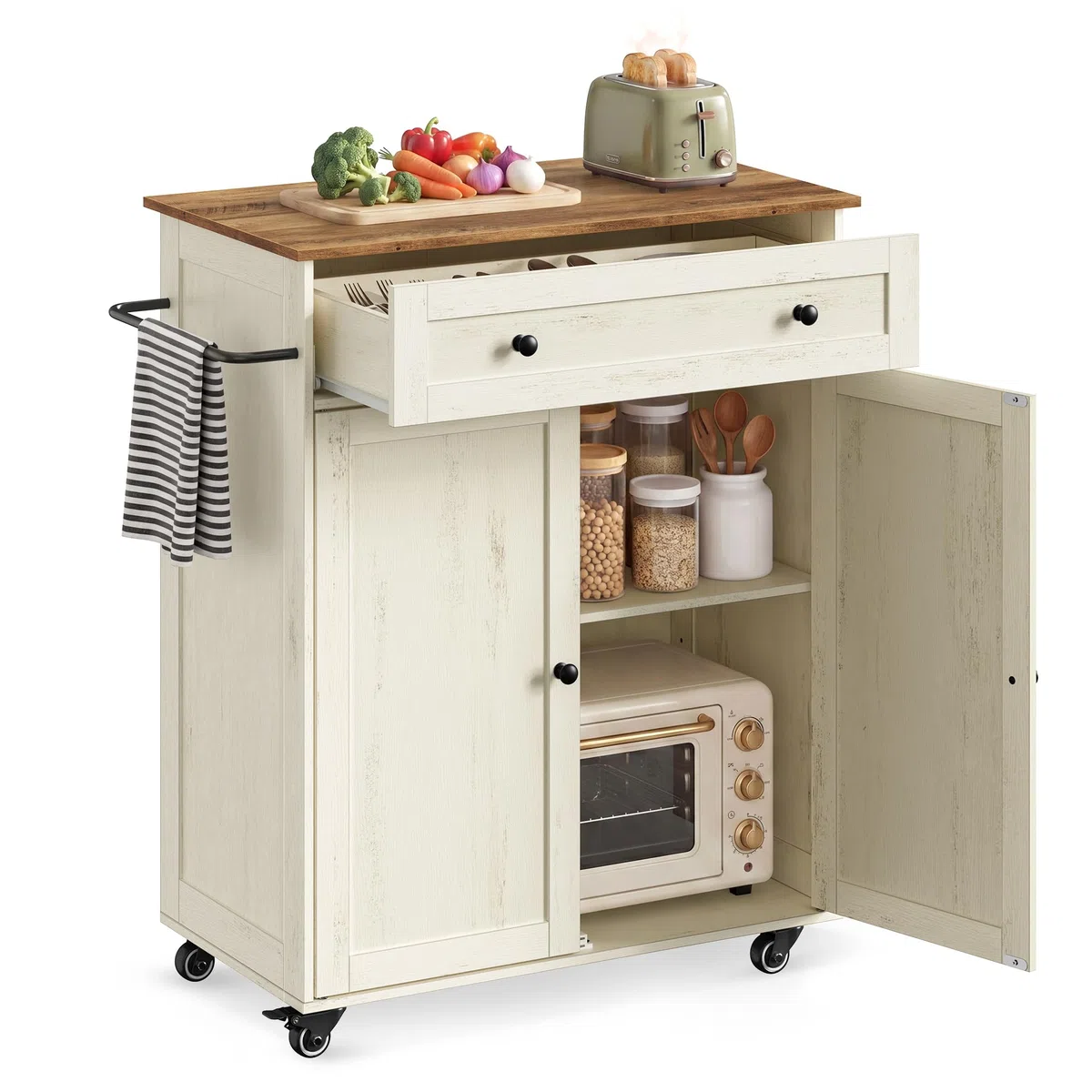 VASAGLE SIREN Collezione - Isola da Cucina con Piano di Lavoro, Carrello con Ruote, Cassetto, Armadietto, Ripiano Regolabile, 40 x 78,5 x 89,2 cm, Bianco Rustico e Marrone Miele KKI009WJ01