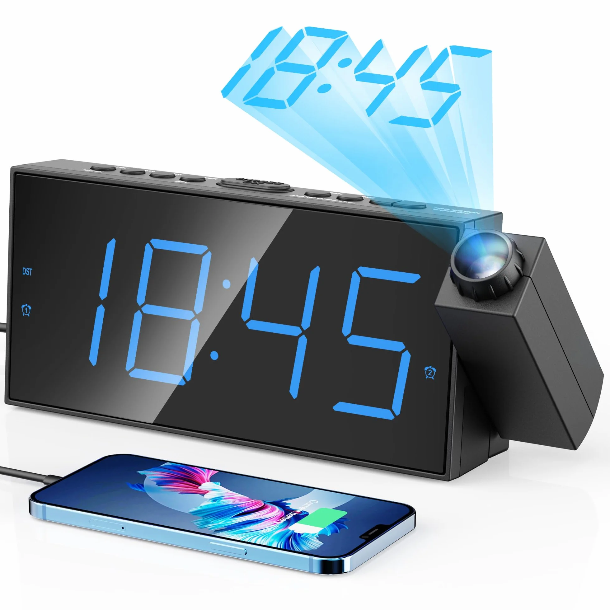 Sveglia di proiezione, display digitale da 7 pollici, doppio allarme, porta USB, volume di allarme regolabile, snooze, 12/24, backup batteria per camera da letto, soffitto, parete, casa, bambini,