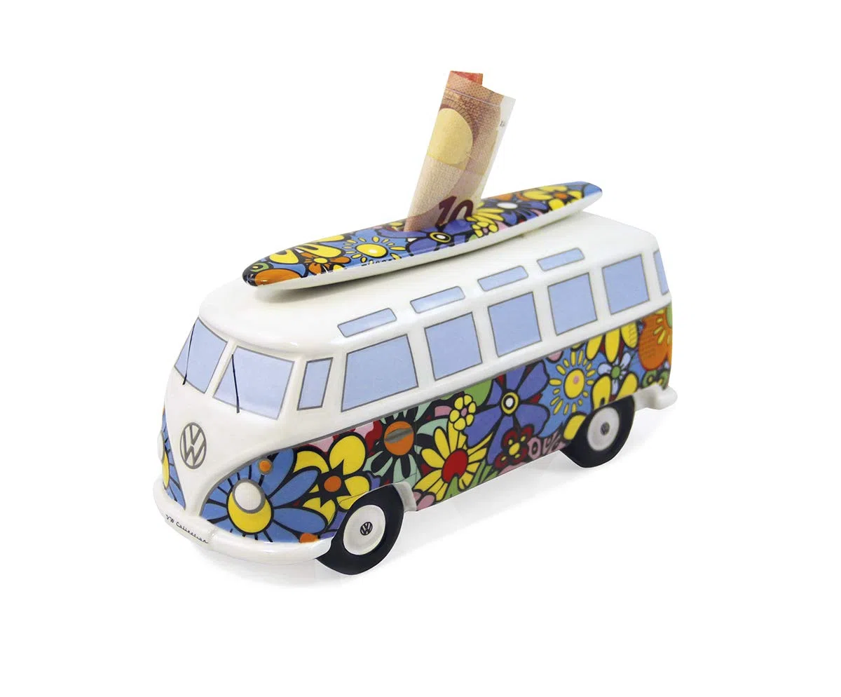 BRISA VW Collection - Volkswagen Salvadanaio in Ceramica con tavola da Surf, per Risparmiare Monete e Banconote, VW Bus T1 Design (Fiori/Colorato)