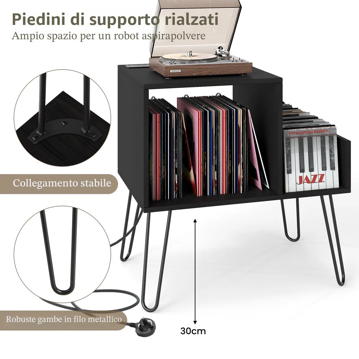 KOMFOTTEU Supporto per Giradischi con Stazione di Ricarica, Porta Dischi Vinile Vintege con Pareti Divisorie e Ripiano Laterale, Espositore per Dischi in Vinile Fino a 145 Album, 66x45x67cm (Nero)