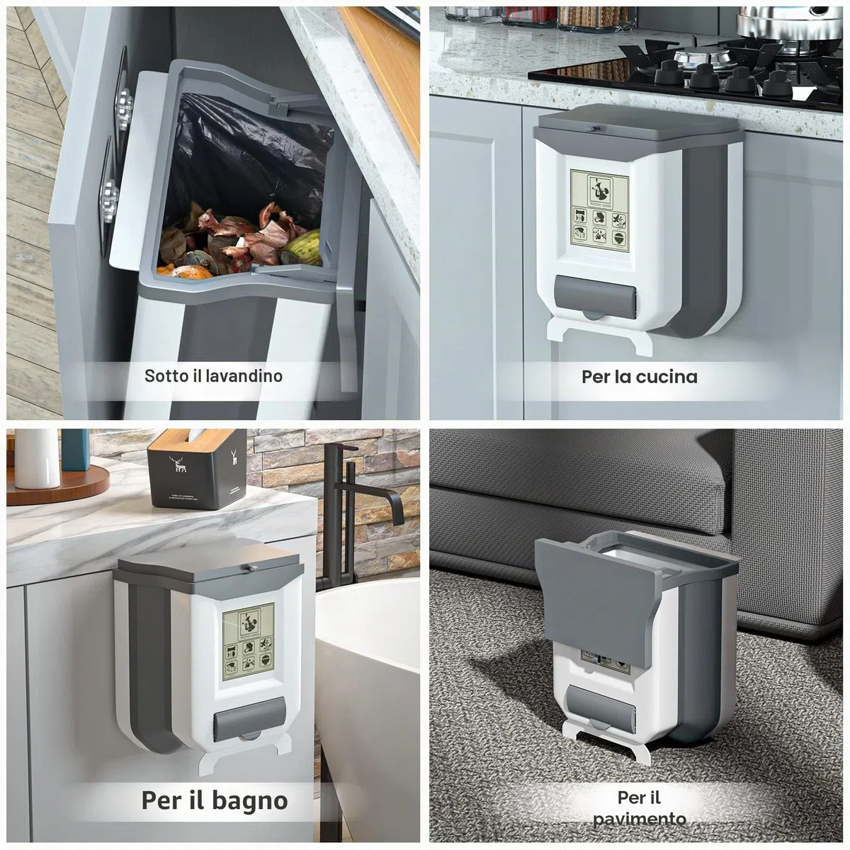 Gintan - Pattumiera pieghevole sospesa con coperchio, circa 9 l di capacità, per cucina, campeggio, auto, bagno, ufficio, camera da letto (grigio)